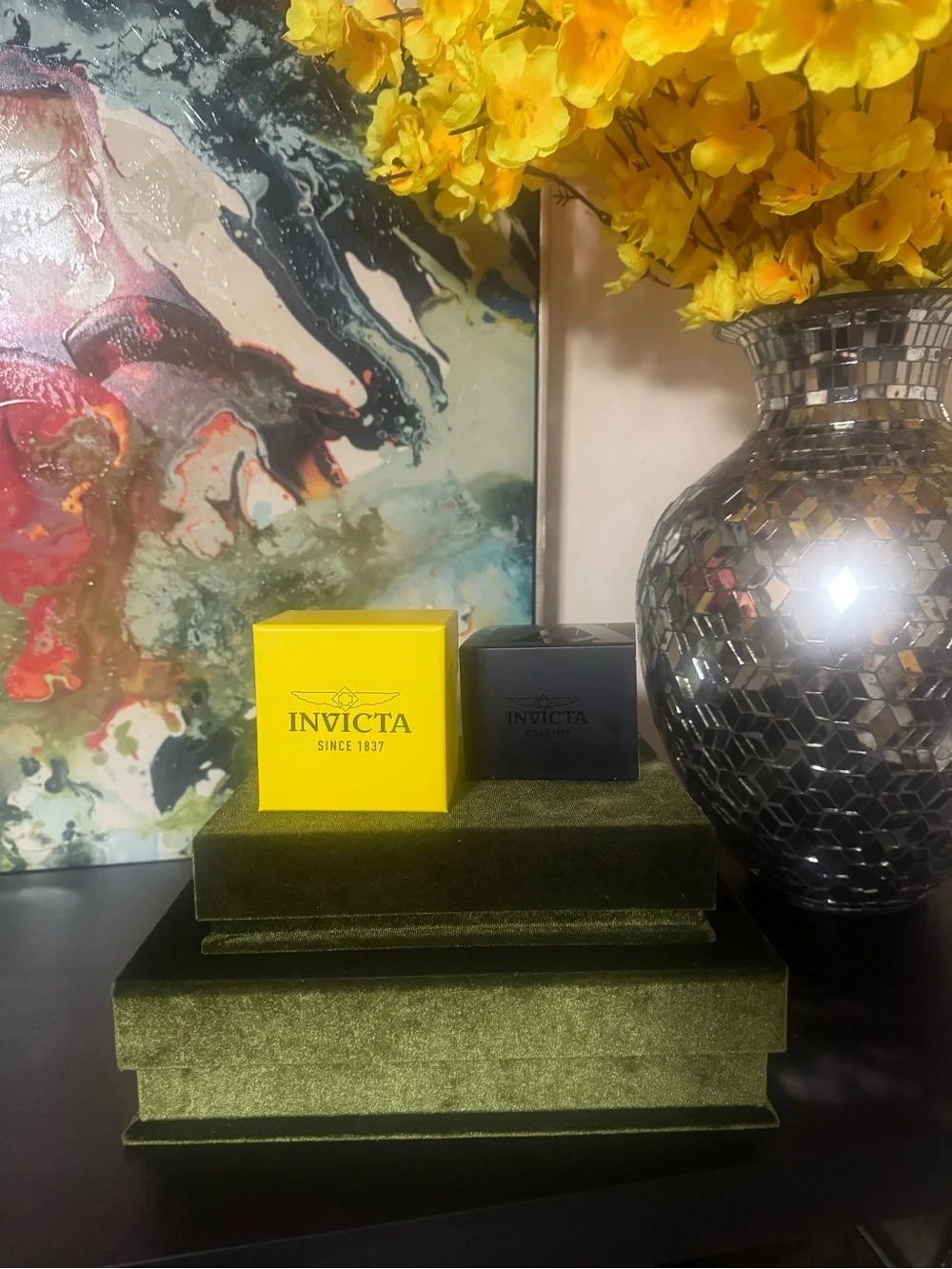 Invicta Silver Tone Watch with Yellow Accent Box